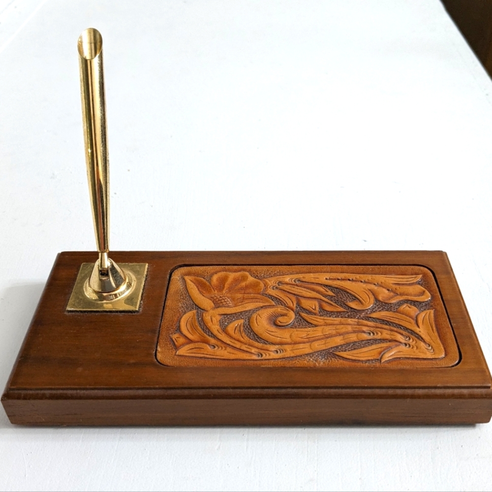 Vintage oak and tooled leather pen holder